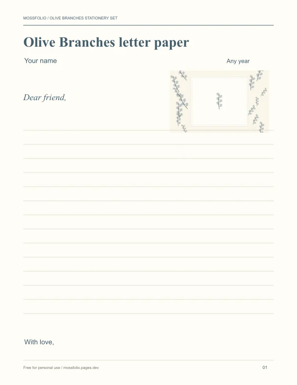 First page of Olive Branches Stationery Set; four-page free printable PDF