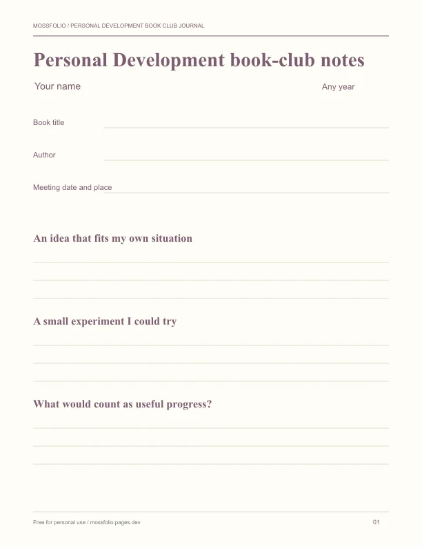 First page of Personal Development Book Club Journal; four-page free printable PDF