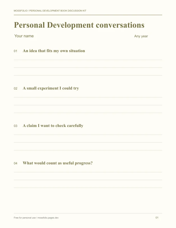 First page of Personal Development Book Discussion Kit; four-page free printable PDF