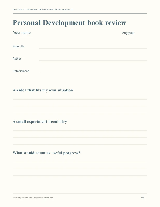 First page of Personal Development Book Review Kit; four-page free printable PDF