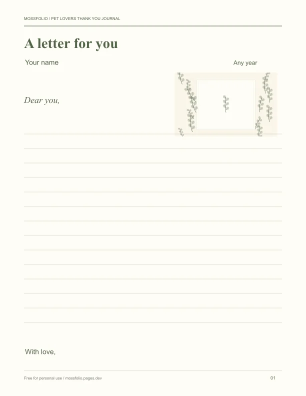 First page of Pet Lovers Thank You Journal; four-page free printable PDF