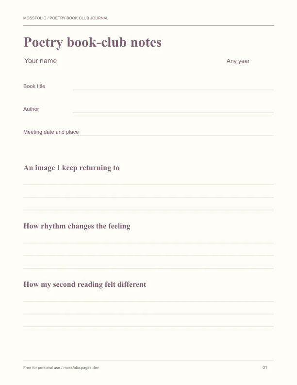 First page of Poetry Book Club Journal; four-page free printable PDF