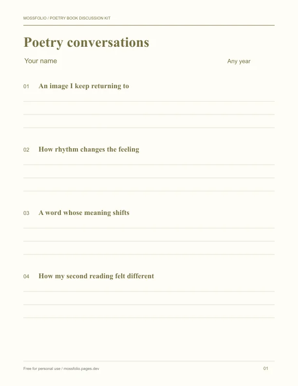 First page of Poetry Book Discussion Kit; four-page free printable PDF
