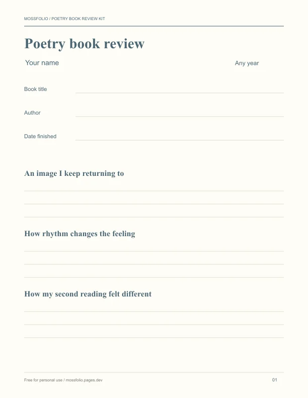 First page of Poetry Book Review Kit; four-page free printable PDF