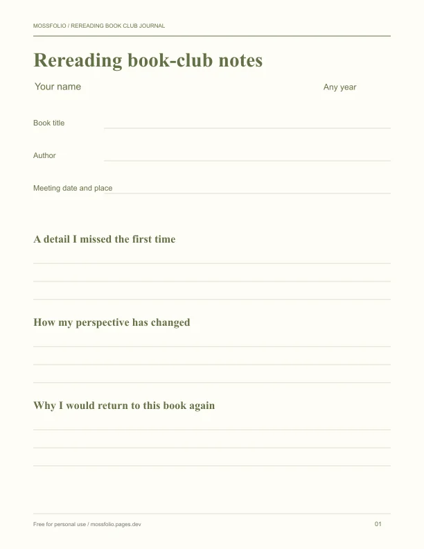 First page of Rereading Book Club Journal; four-page free printable PDF