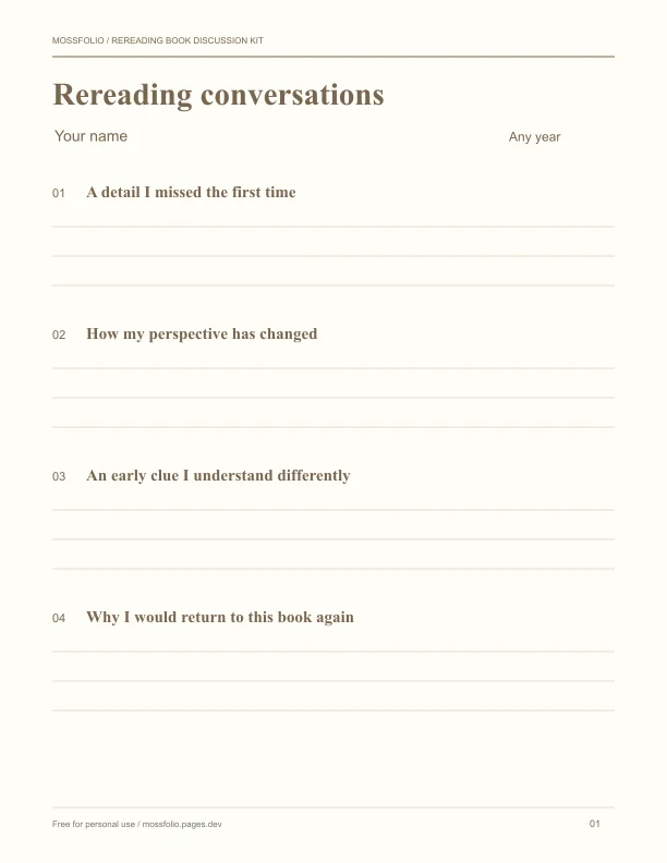 First page of Rereading Book Discussion Kit; four-page free printable PDF