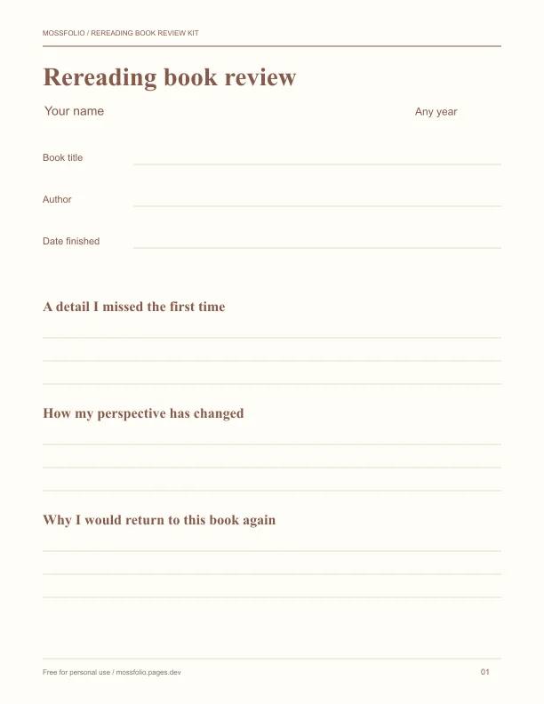 First page of Rereading Book Review Kit; four-page free printable PDF