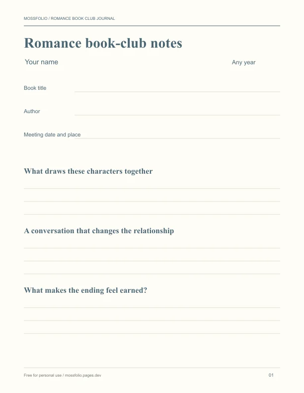 First page of Romance Book Club Journal; four-page free printable PDF