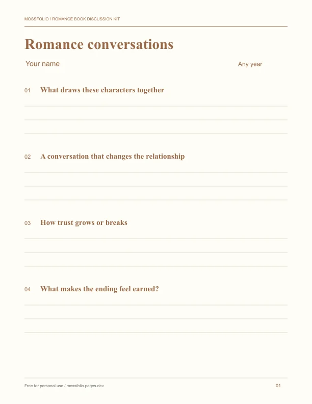 First page of Romance Book Discussion Kit; four-page free printable PDF
