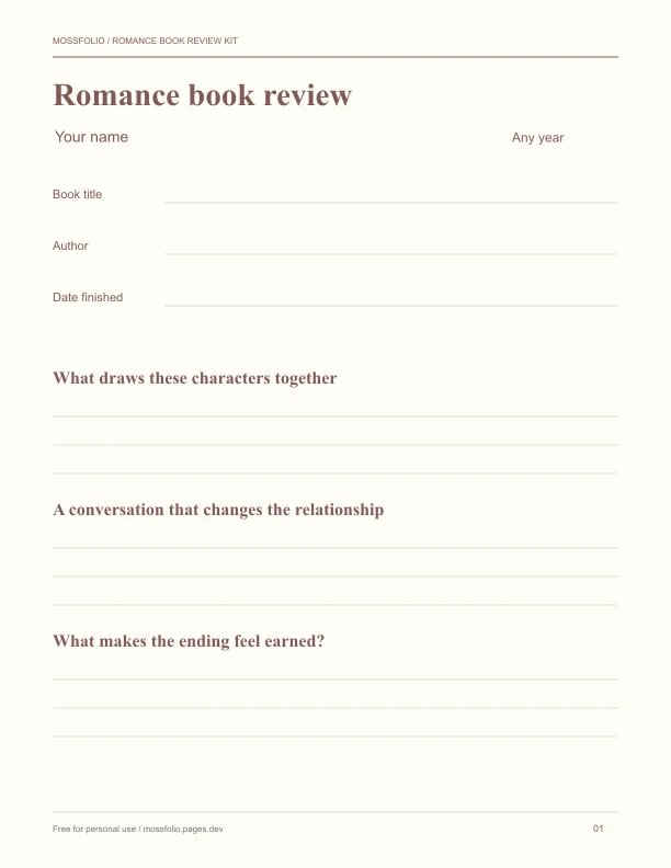 First page of Romance Book Review Kit; four-page free printable PDF