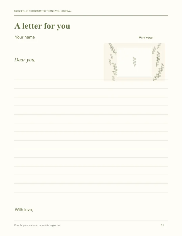 First page of Roommates Thank You Journal; four-page free printable PDF