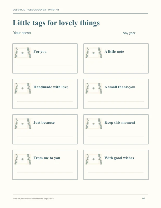 First page of Rose Garden Gift Paper Kit; four-page free printable PDF