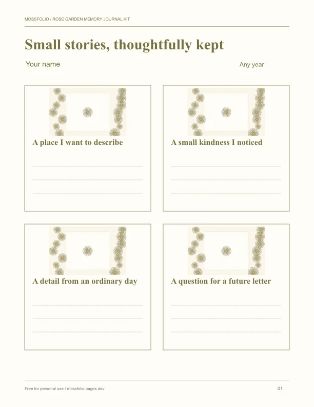 First page of Rose Garden Memory Journal Kit; four-page free printable PDF