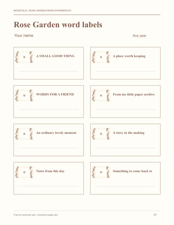First page of Rose Garden Paper Ephemera Kit; four-page free printable PDF