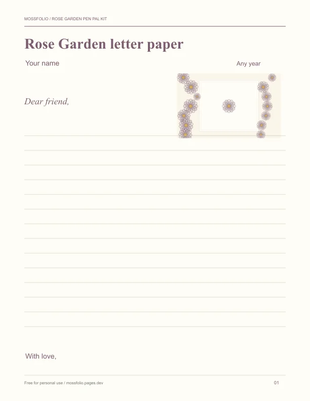 First page of Rose Garden Pen Pal Kit; four-page free printable PDF