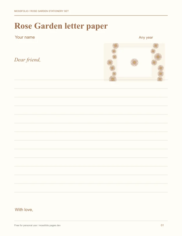 First page of Rose Garden Stationery Set; four-page free printable PDF