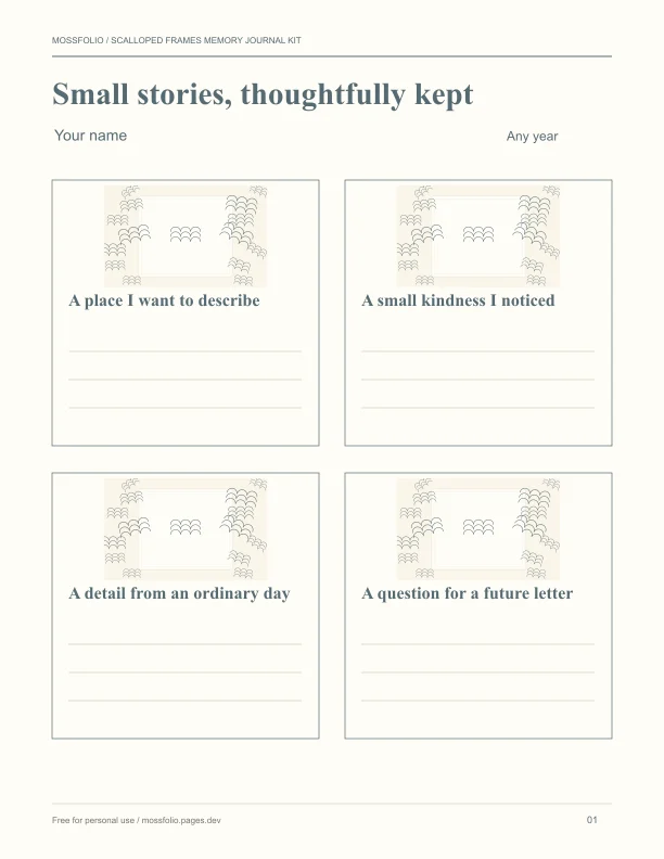 First page of Scalloped Frames Memory Journal Kit; four-page free printable PDF