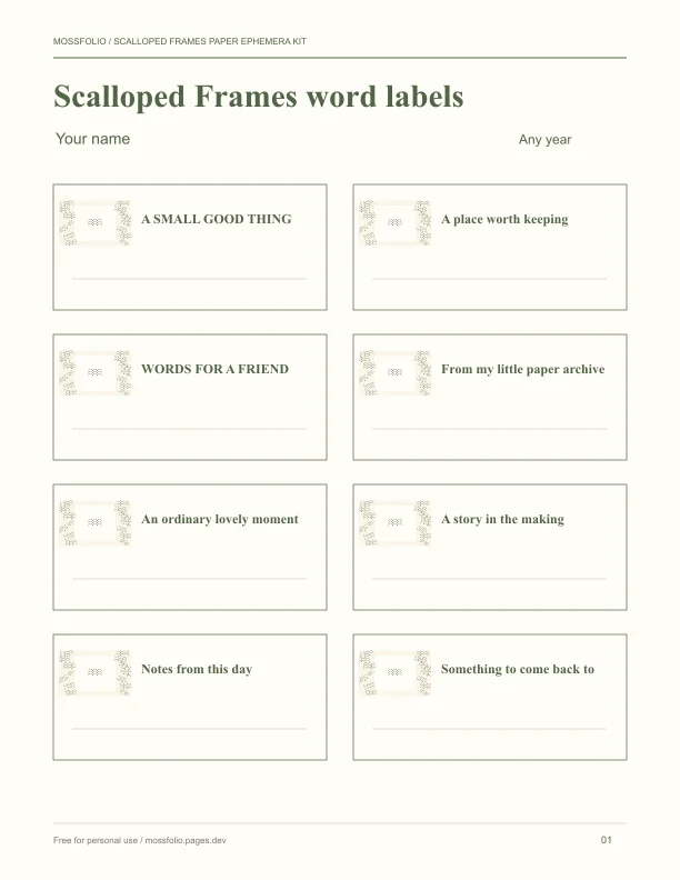 First page of Scalloped Frames Paper Ephemera Kit; four-page free printable PDF