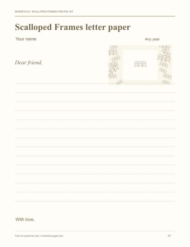 First page of Scalloped Frames Pen Pal Kit; four-page free printable PDF