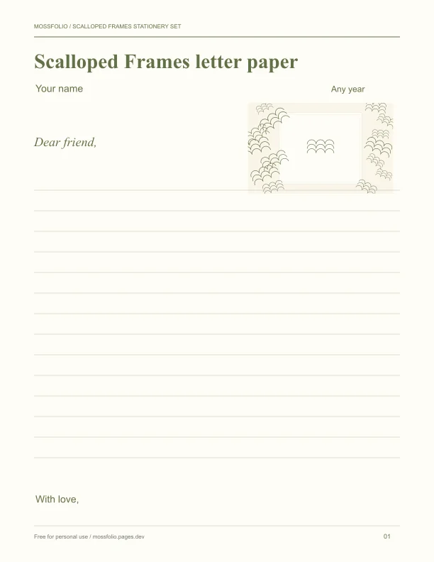 First page of Scalloped Frames Stationery Set; four-page free printable PDF