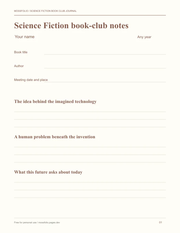 First page of Science Fiction Book Club Journal; four-page free printable PDF