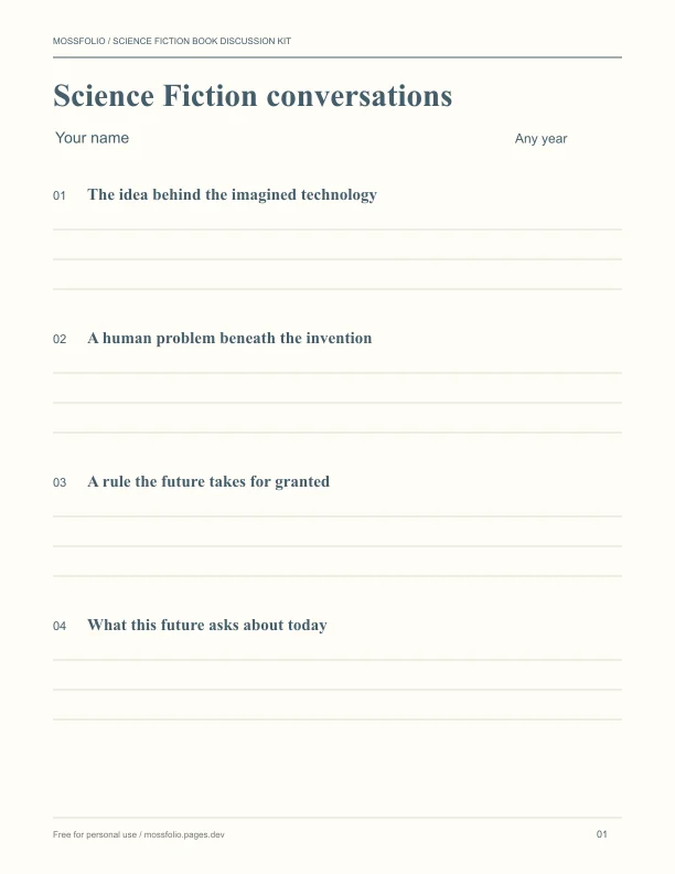 First page of Science Fiction Book Discussion Kit; four-page free printable PDF