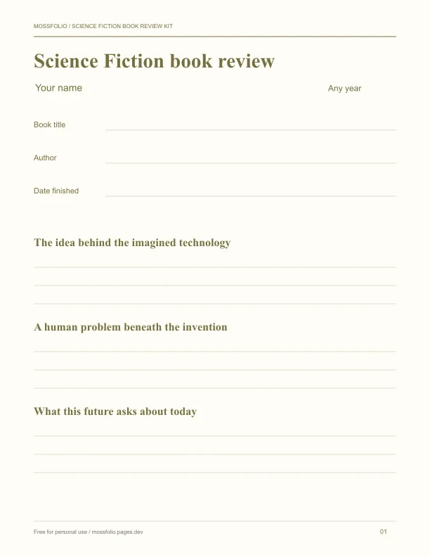 First page of Science Fiction Book Review Kit; four-page free printable PDF
