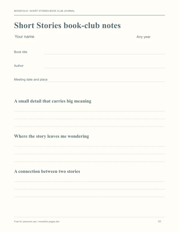 First page of Short Stories Book Club Journal; four-page free printable PDF