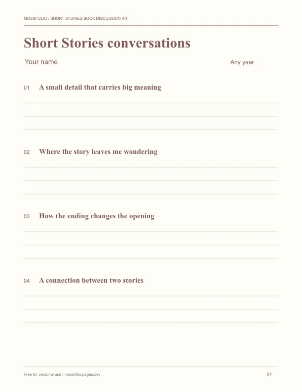 First page of Short Stories Book Discussion Kit; four-page free printable PDF