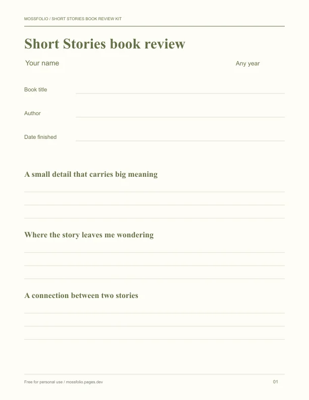First page of Short Stories Book Review Kit; four-page free printable PDF