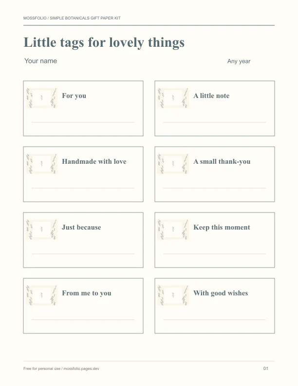 First page of Simple Botanicals Gift Paper Kit; four-page free printable PDF