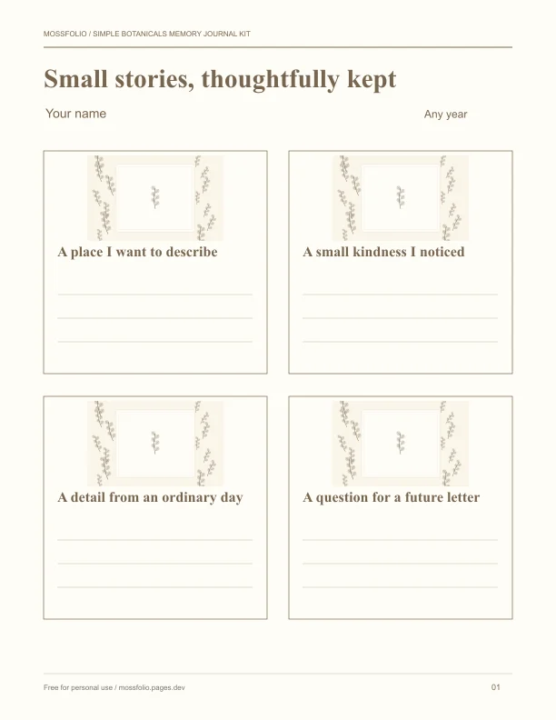 First page of Simple Botanicals Memory Journal Kit; four-page free printable PDF