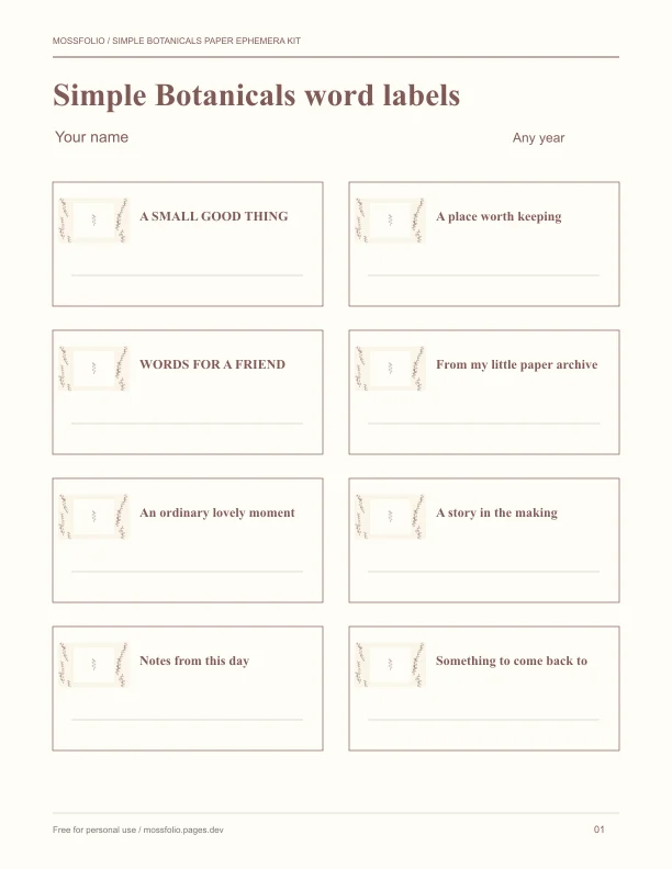 First page of Simple Botanicals Paper Ephemera Kit; four-page free printable PDF