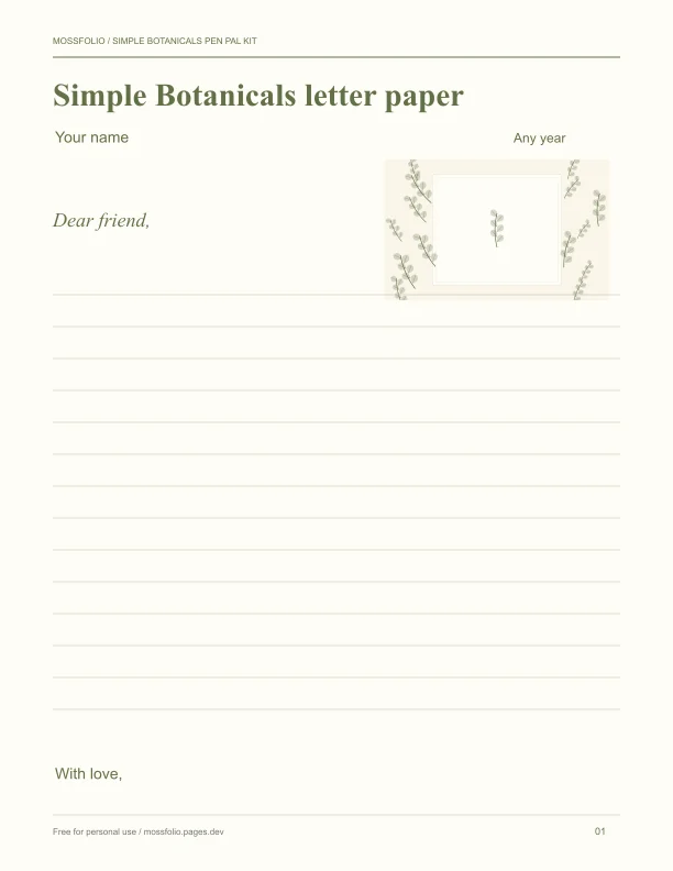 First page of Simple Botanicals Pen Pal Kit; four-page free printable PDF