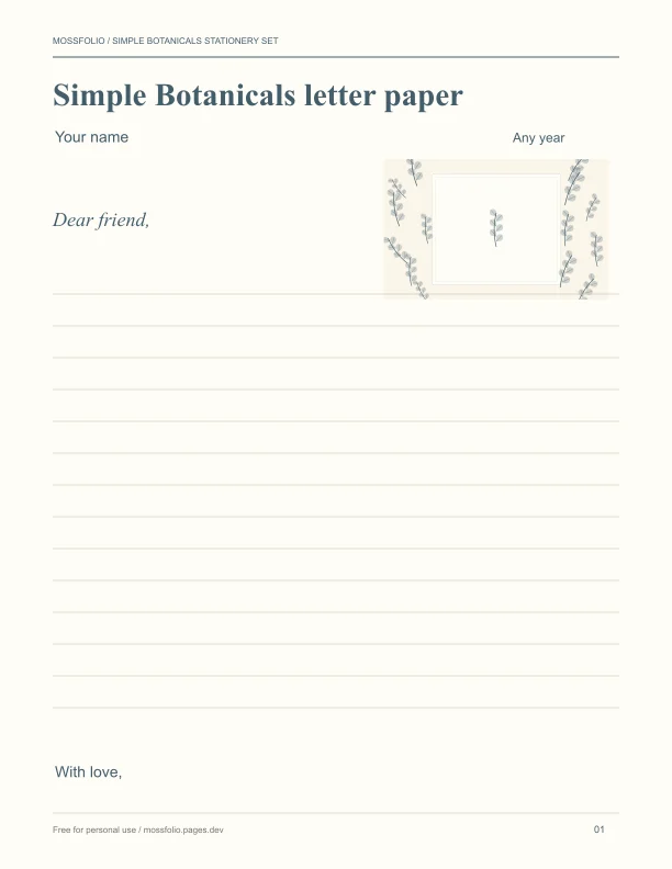 First page of Simple Botanicals Stationery Set; four-page free printable PDF