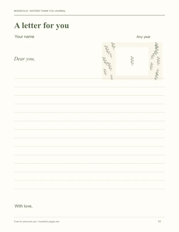 First page of Sisters Thank You Journal; four-page free printable PDF