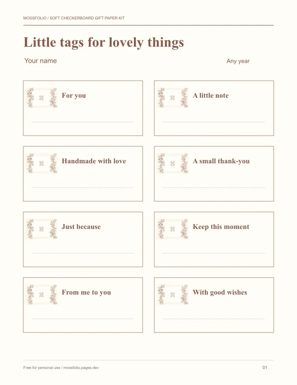 First page of Soft Checkerboard Gift Paper Kit; four-page free printable PDF