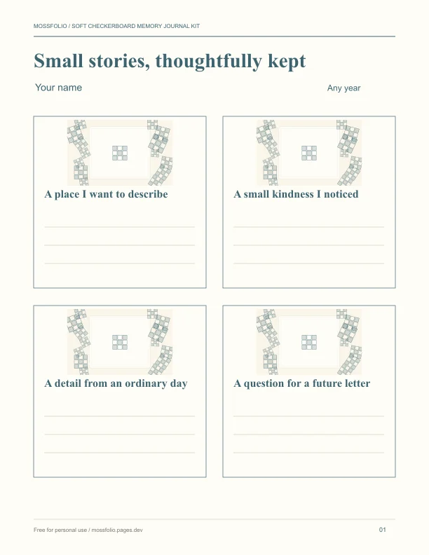 First page of Soft Checkerboard Memory Journal Kit; four-page free printable PDF