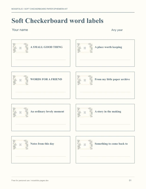 First page of Soft Checkerboard Paper Ephemera Kit; four-page free printable PDF