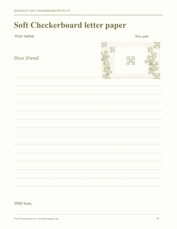First page of Soft Checkerboard Pen Pal Kit; four-page free printable PDF