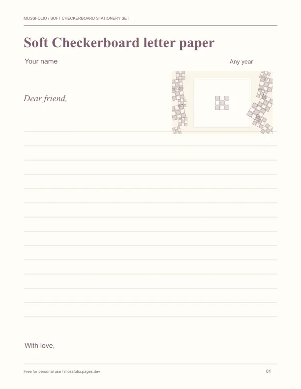First page of Soft Checkerboard Stationery Set; four-page free printable PDF