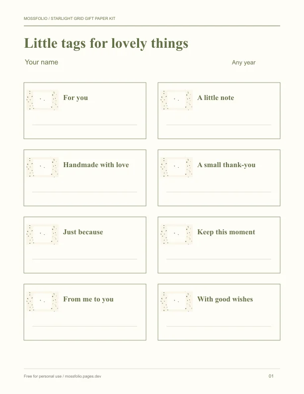 First page of Starlight Grid Gift Paper Kit; four-page free printable PDF