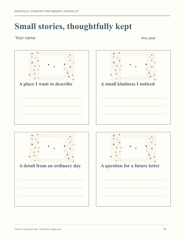 First page of Starlight Grid Memory Journal Kit; four-page free printable PDF