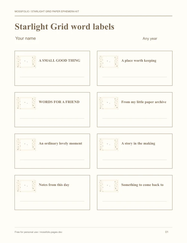 First page of Starlight Grid Paper Ephemera Kit; four-page free printable PDF