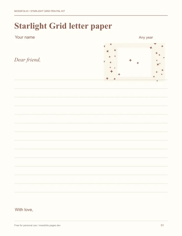 First page of Starlight Grid Pen Pal Kit; four-page free printable PDF
