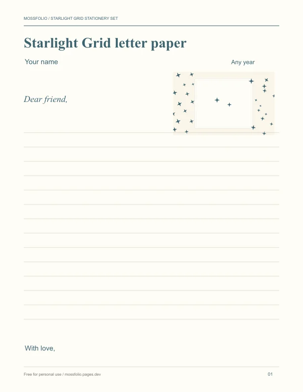 First page of Starlight Grid Stationery Set; four-page free printable PDF