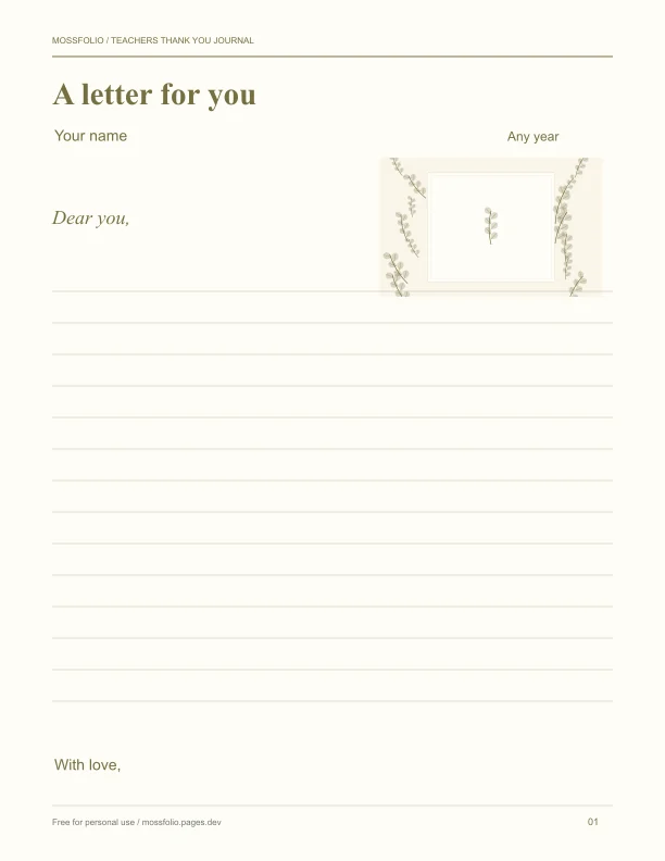 First page of Teachers Thank You Journal; four-page free printable PDF