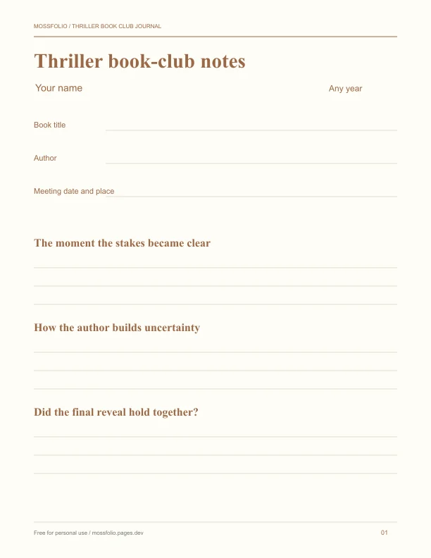First page of Thriller Book Club Journal; four-page free printable PDF