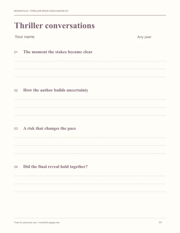 First page of Thriller Book Discussion Kit; four-page free printable PDF