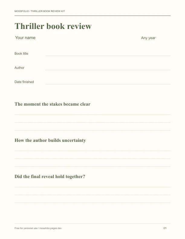 First page of Thriller Book Review Kit; four-page free printable PDF